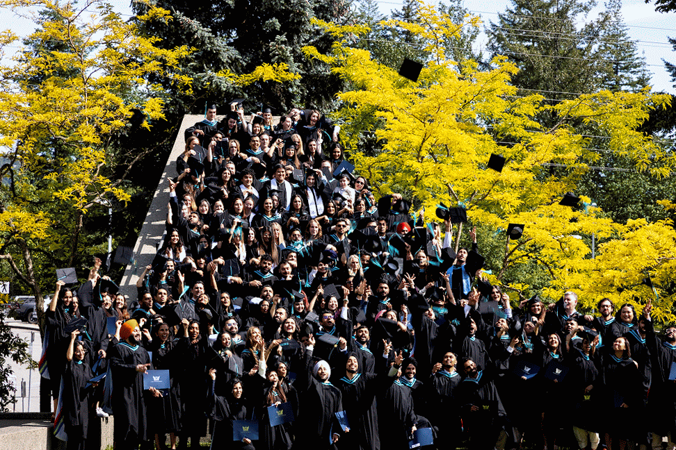 A large group of diverse graduates in caps and gowns posing outdoors in front of trees with yellow leaves during daytime.