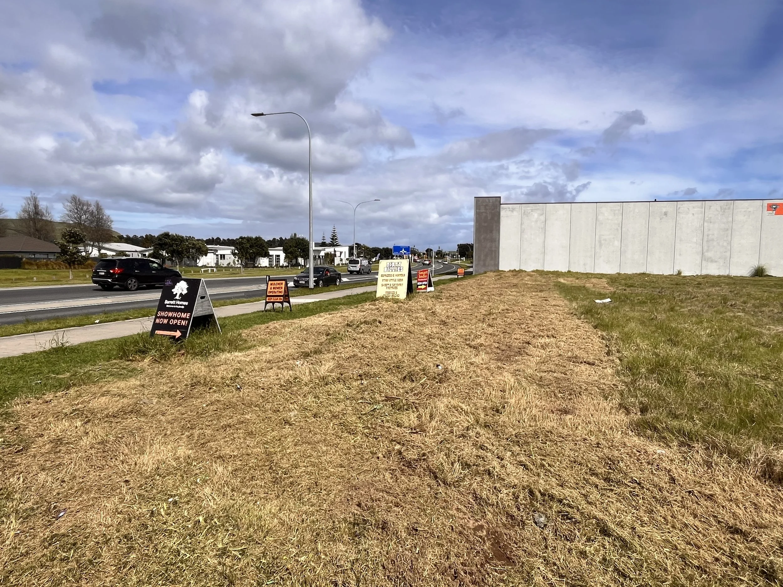 A roadside with a grassy area and multiple signs advertising opening of showhomes. There are cars on the road and buildings in the background under a partly cloudy sky.