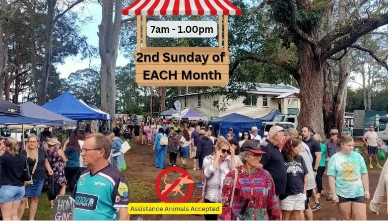 Flyer for Tamborine Mountain School Markets, a P&C fundraiser, held on the last Sunday of each month from 7 AM to 1 PM at Scenic Rim with a green outdoor setting, tents, and people shopping.