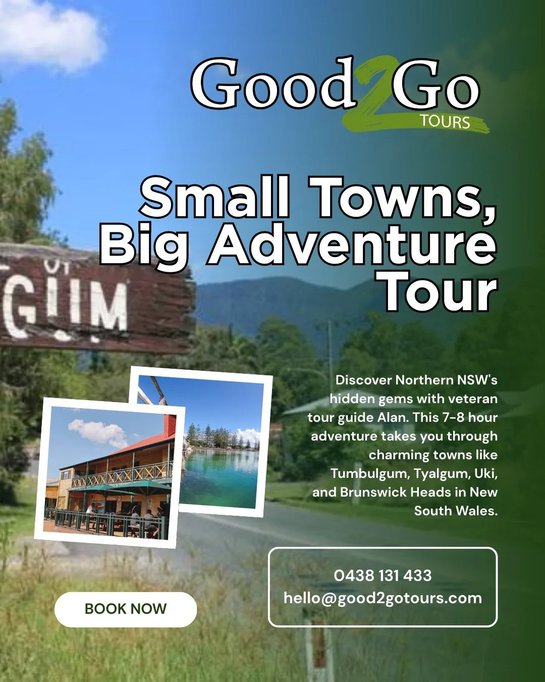 Forget the tourist traps. We're taking you to the towns most people drive straight past.

This 7-8 hour adventure through Northern NSW hits Tumbulgum, Tyalgum, Uki, and Brunswick Heads with veteran tour guide Alan showing you the spots locals actuall
