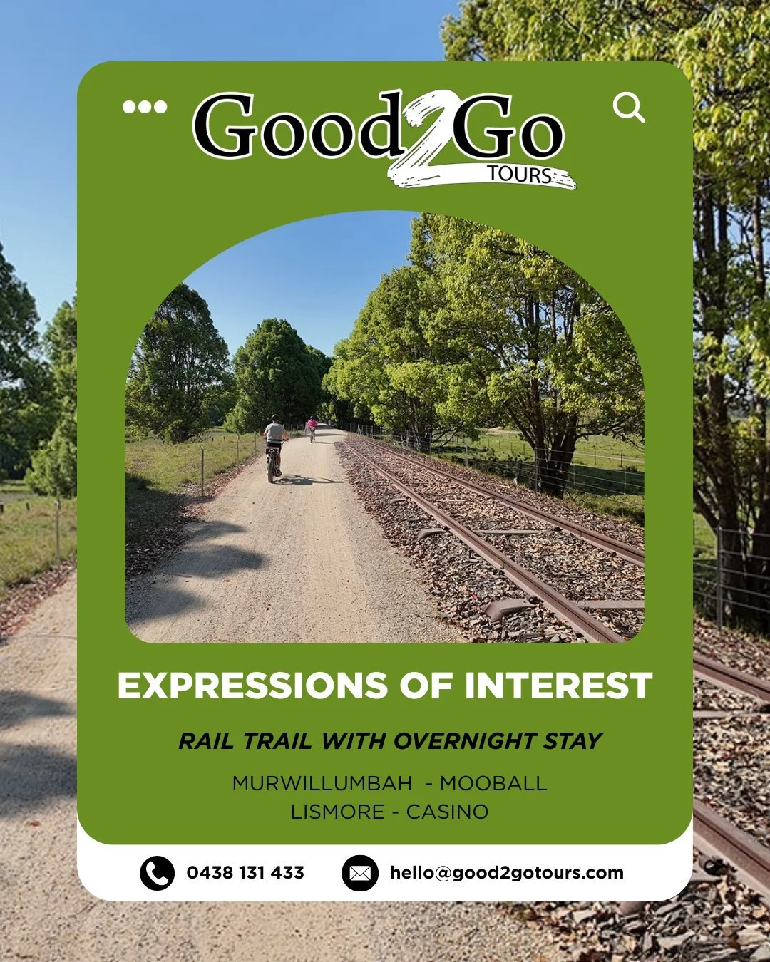 Ever wanted to explore the Northern Rivers by bike without worrying about traffic? This rail trail adventure is calling your name.

We're gauging interest for an overnight rail trail tour hitting Murwillumbah, Mooball, Lismore, and Casino. Think scen