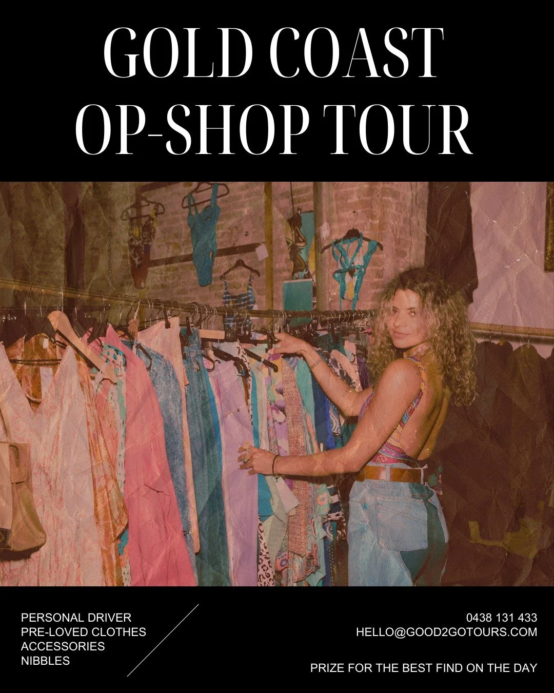 Grab your girls and let us drive you to all the best op-shops on the Gold Coast. We're talking vintage finds, designer steals, and those "how is this only $5?!" moments.

Perfect for a ladies' day out, hens parties, or just an excuse to spe