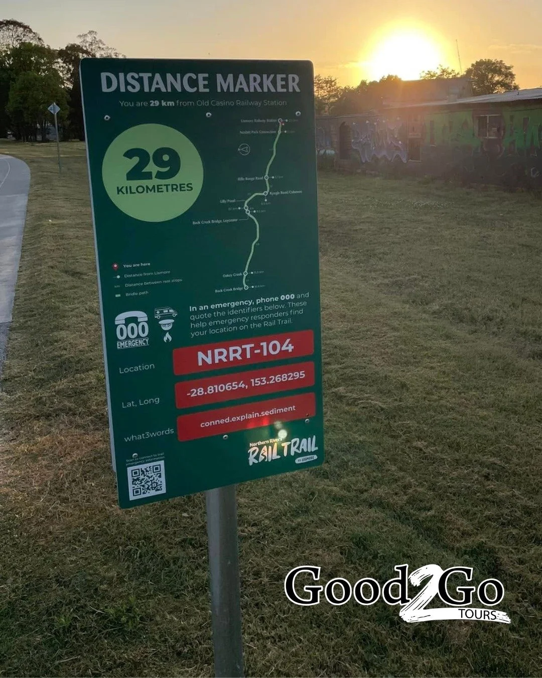 Did you know the Northern Rivers Rail Trail has distance markers placed along the entire route? 📍

These signs tell you exactly where you are - distance from the old Casino Railway Station, GPS coordinates, and even a what3words location so emergenc