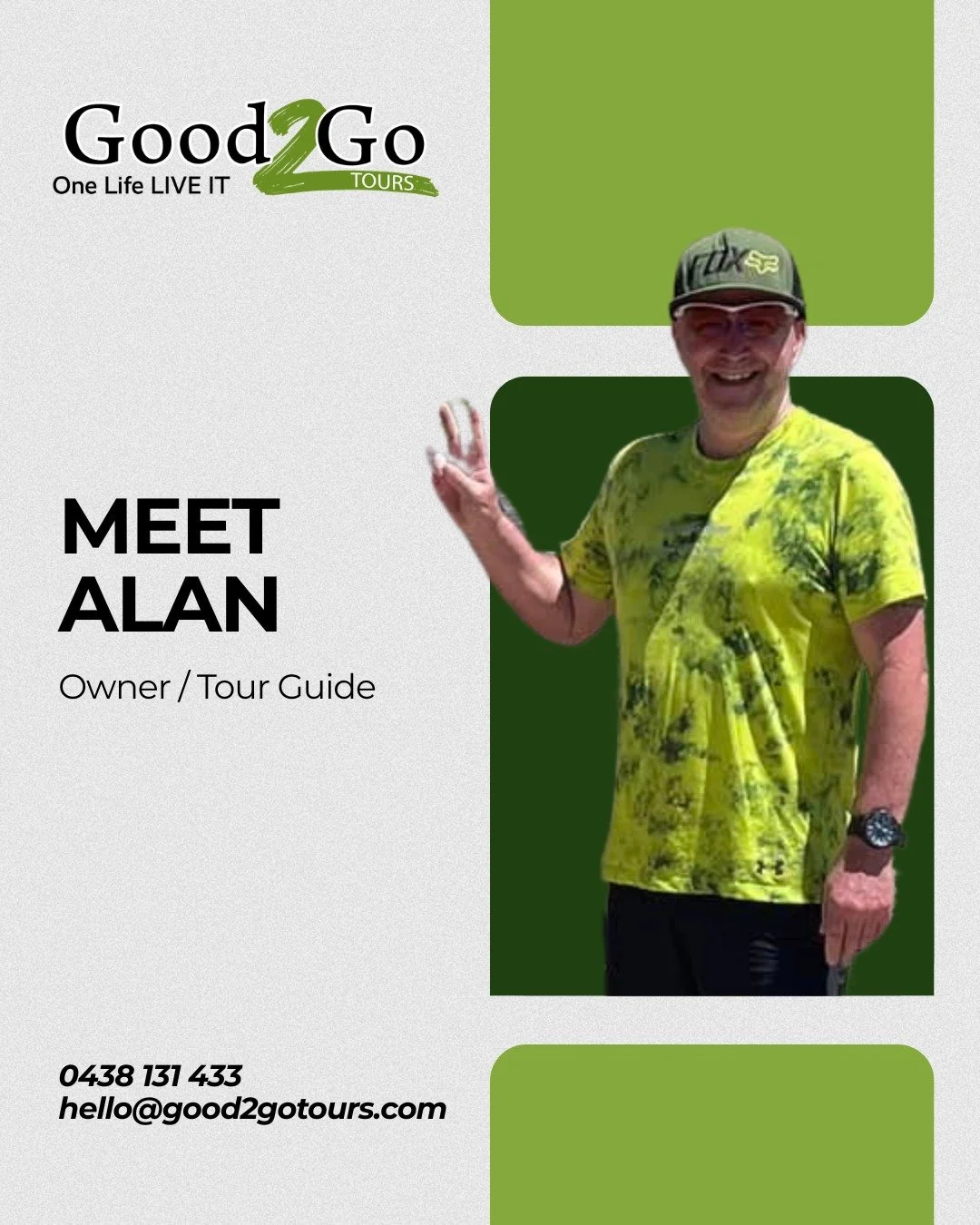 Hi, I'm Alan 👋 Owner, tour guide, veteran, and your designated driver for the best day out you've had in a while.

I started Good2Go Tours in 2019 while still serving in the Australian Defence Force. I wanted something active, outdoors, and meaningf