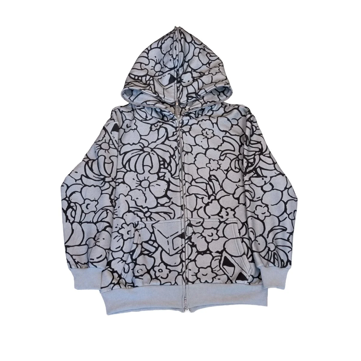 FULL ZIP FLORAL GRAY HOODIE
