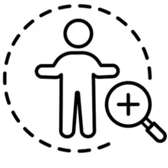 Symbol einer stilisierten Person in einem gepunkteten Kreis mit einer Lupe und Pluszeichen daneben.