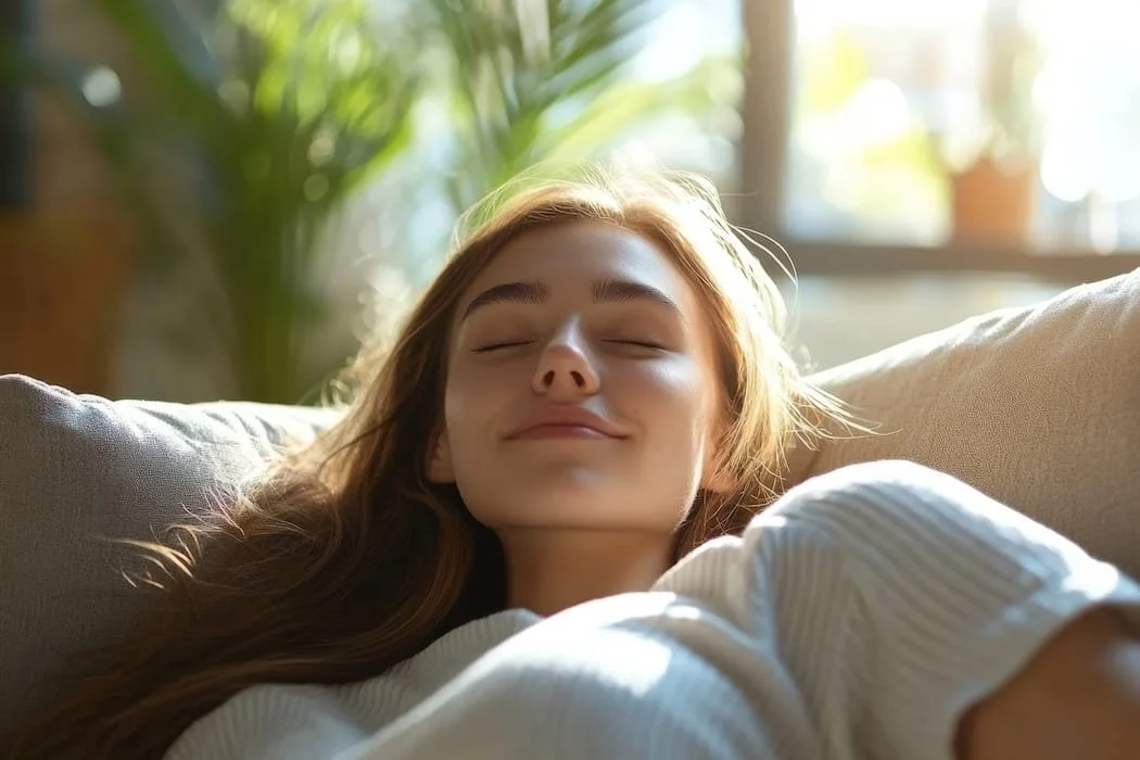 Entspannte Frau auf dem Sofa mit geschlossenen Augen - Symbolbild für Wohlbefinden nach erfolgreicher Oberkieferexpansion
