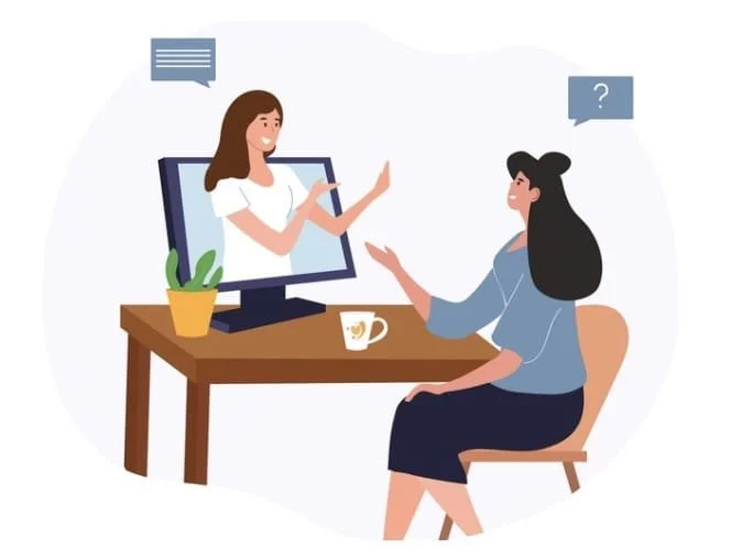 Illustration von zwei Frauen im Videogespräch - Symbolbild für Online-Beratung zur Kieferorthopädie.