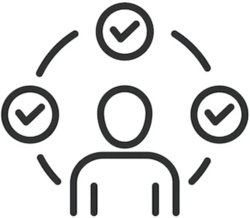 Symbol einer Person umgeben von Häkchen in Kreisen, die verbunden sind.