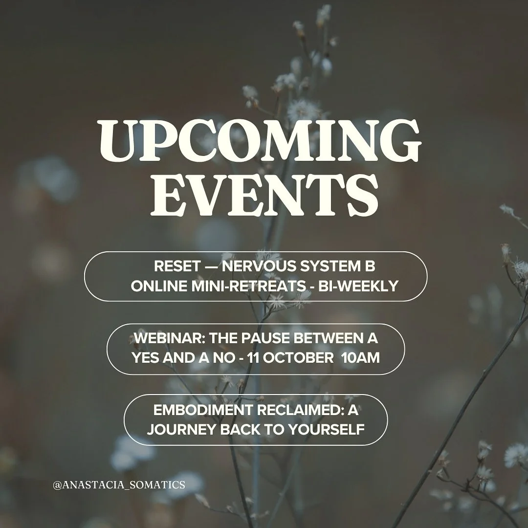 Trauma-aware spaces matter. 🌿
This October, I&rsquo;m opening a few containers for nervous-system care:

✨ RESET &mdash; bi-weekly nervous system mini-retreats - join October 3 - cameras off are welcome
🌙 Webinar: The Pause Between a Yes and a No &