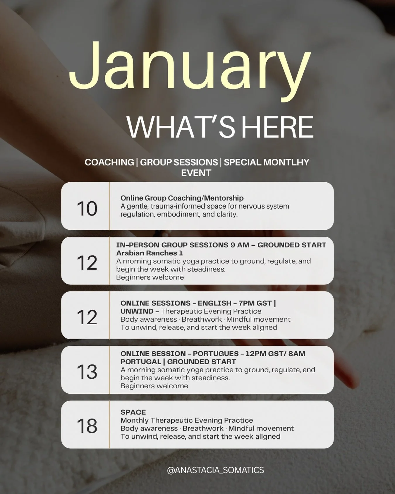 Hello January ✨
Here&rsquo;s what&rsquo;s opening this month:

🌿 Online Body &amp; Mind Coaching &mdash; starts this Saturday (bi-weekly)
🌿 In-person Grounded Start (Arabian Ranches)
🌿 Online sessions (English &amp; Portuguese)
🌿 Monthly therapeu