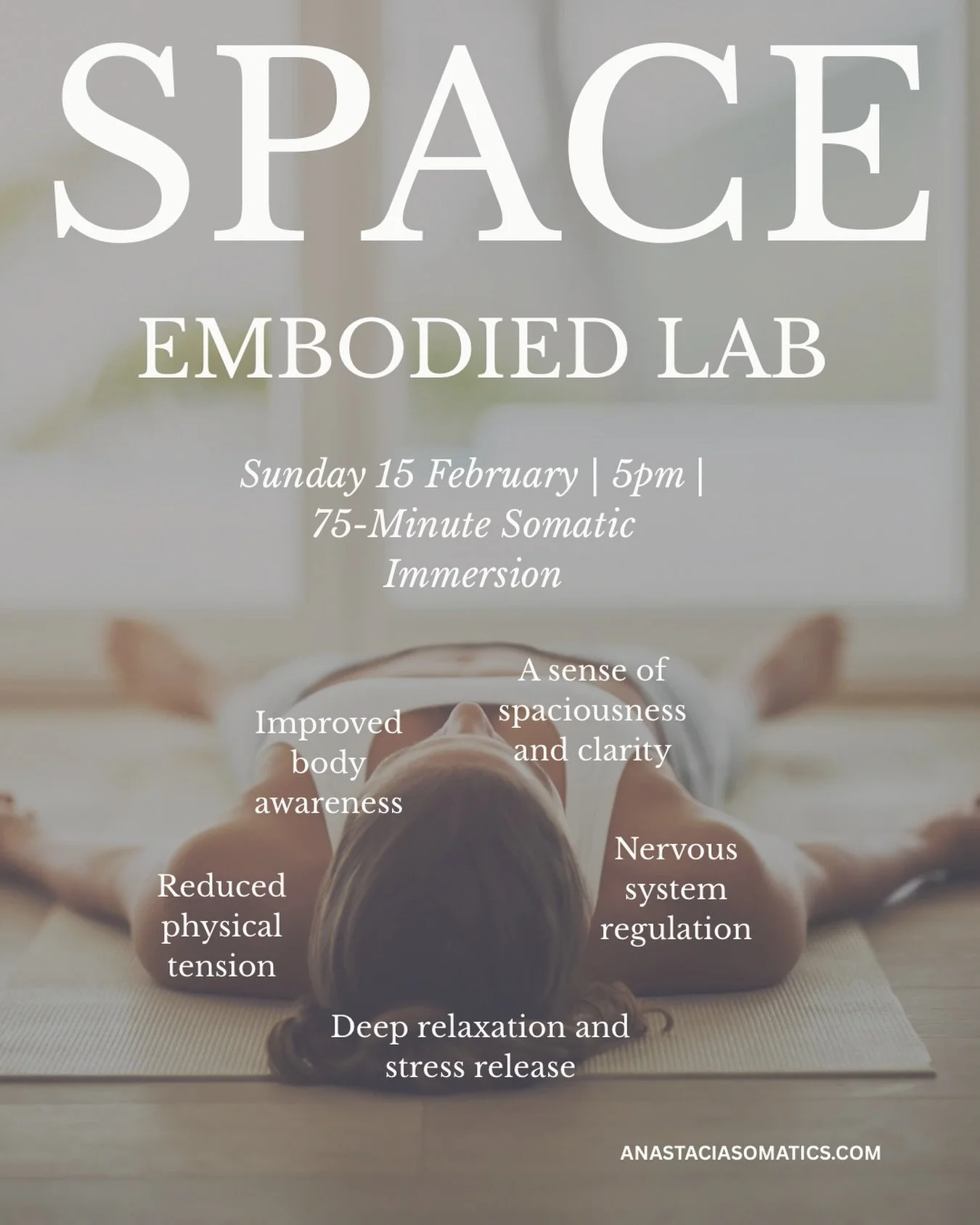SPACE is a 75-minute somatic immersion designed to support nervous system regulation, tension release, and embodied calm.

It&rsquo;s not a workout.
Not therapy.
Not another thing to &ldquo;push through&rdquo;.

It&rsquo;s a space to slow down, softe