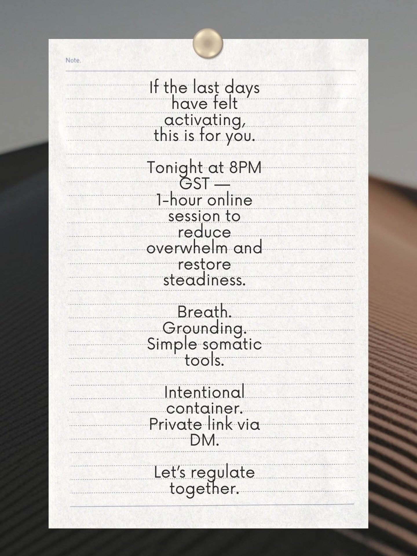 When external uncertainty increases, nervous systems work harder.

Tonight I&rsquo;m offering a complimentary 60-minute stabilization session to support presence and psychological resilience.

Stress is cumulative.
Your nervous system remembers.

Whe