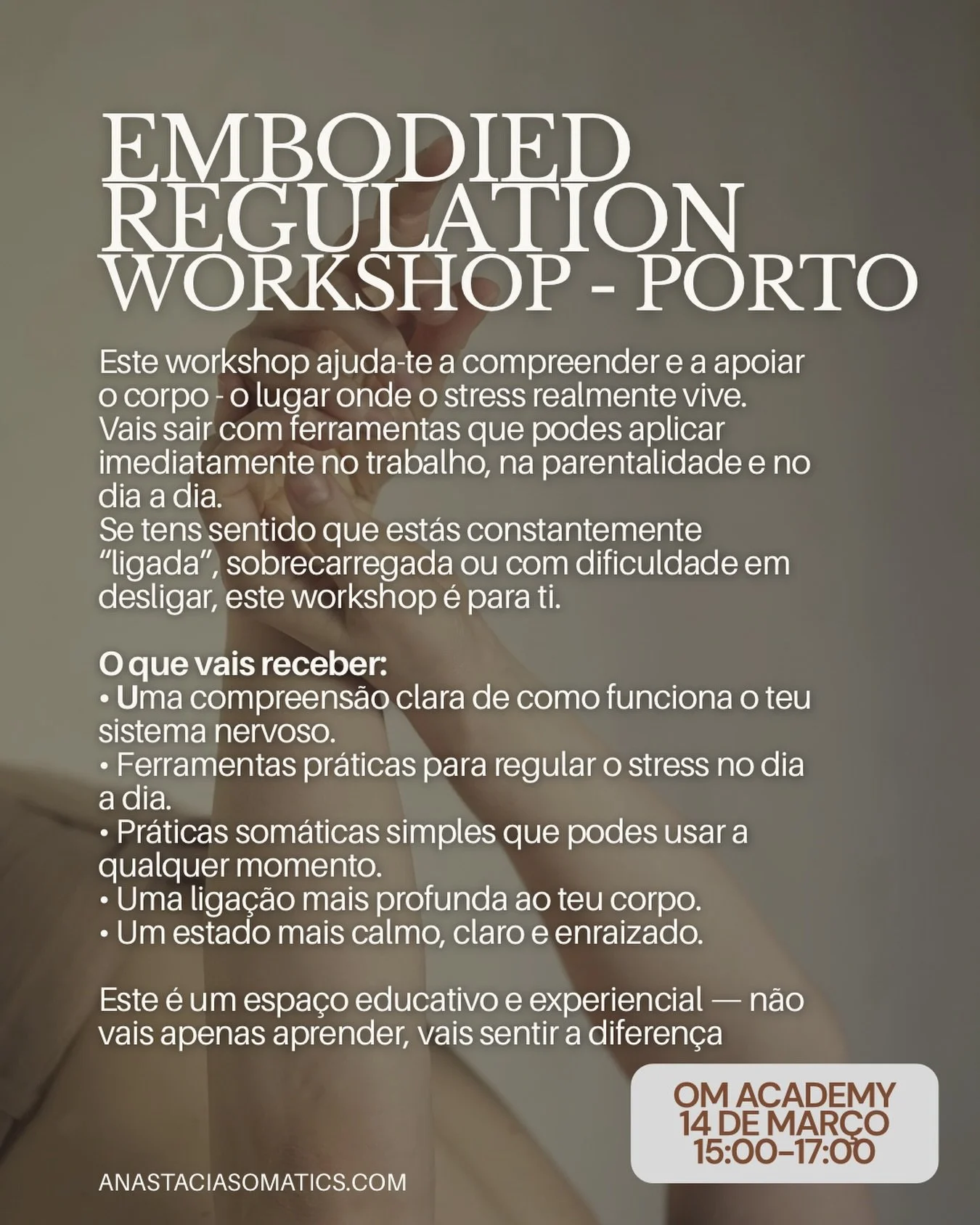 Muitas vezes tentamos resolver o stress apenas com a mente.

Mas o stress vive no corpo.

Quando o sistema nervoso est&aacute; constantemente em alerta, podemos sentir:

&bull; dificuldade em desligar
&bull; sensa&ccedil;&atilde;o de sobrecarga
&bull