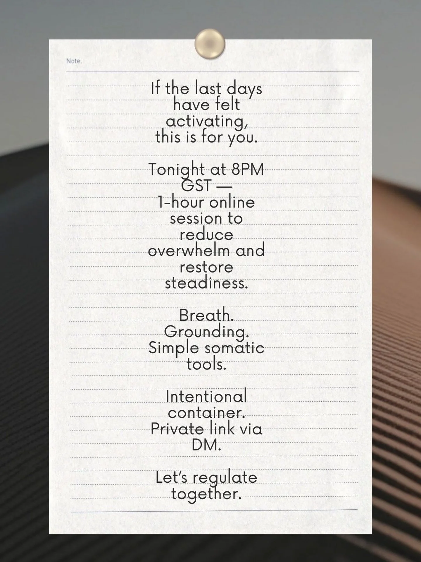 When external uncertainty increases, nervous systems work harder.

Tonight I&rsquo;m offering a complimentary 60-minute stabilization session to support presence and psychological resilience.

Stress is cumulative.
Your nervous system remembers.

Whe