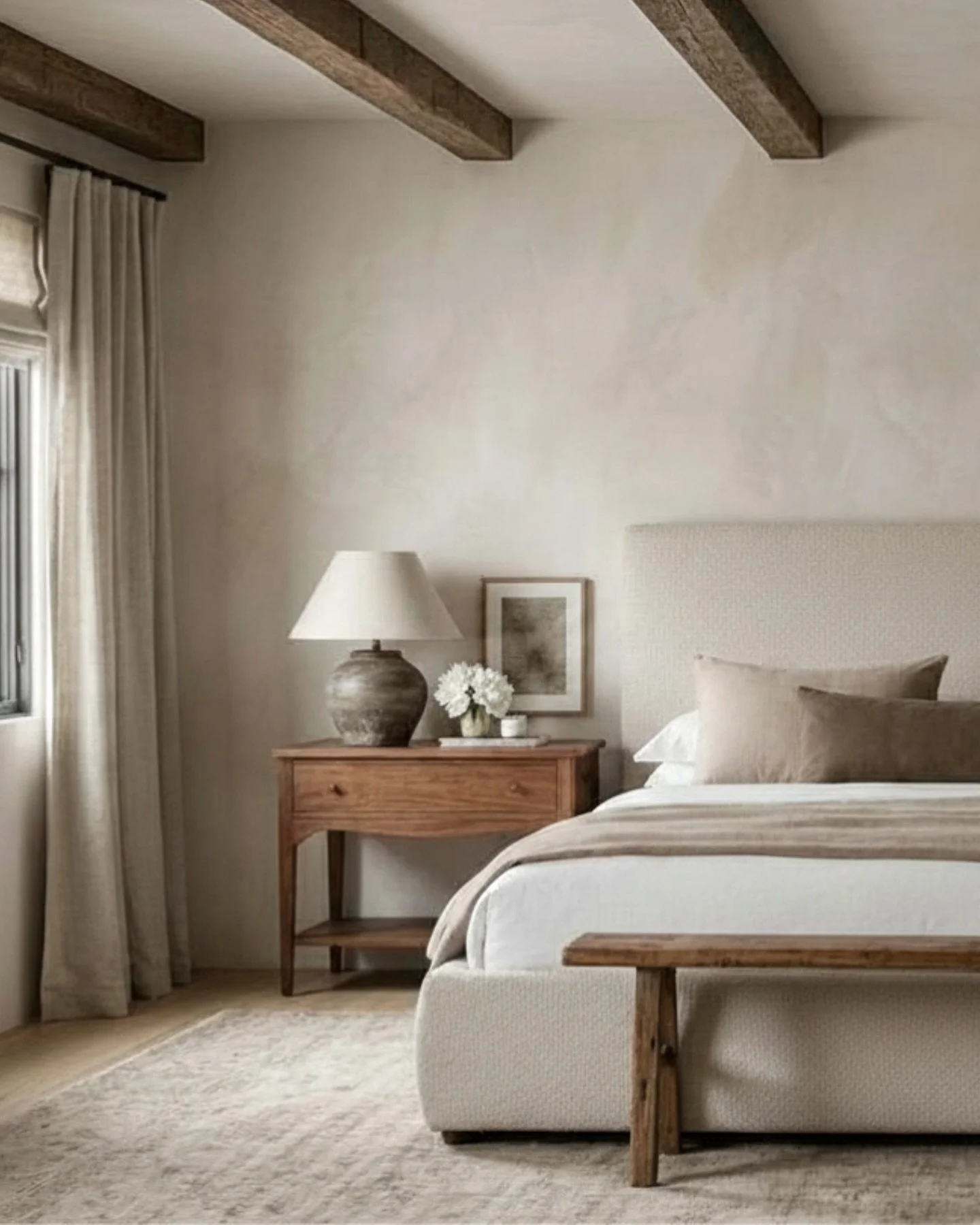 Cozy, organic primary bedroom design 💭🌿
 A glimpse into a recent new build project where the primary bedroom was shaped to feel soothing, grounded, and natural ✨ 

I just adore the mix of plastered walls, rustic wood, soft textiles, and warm neutra