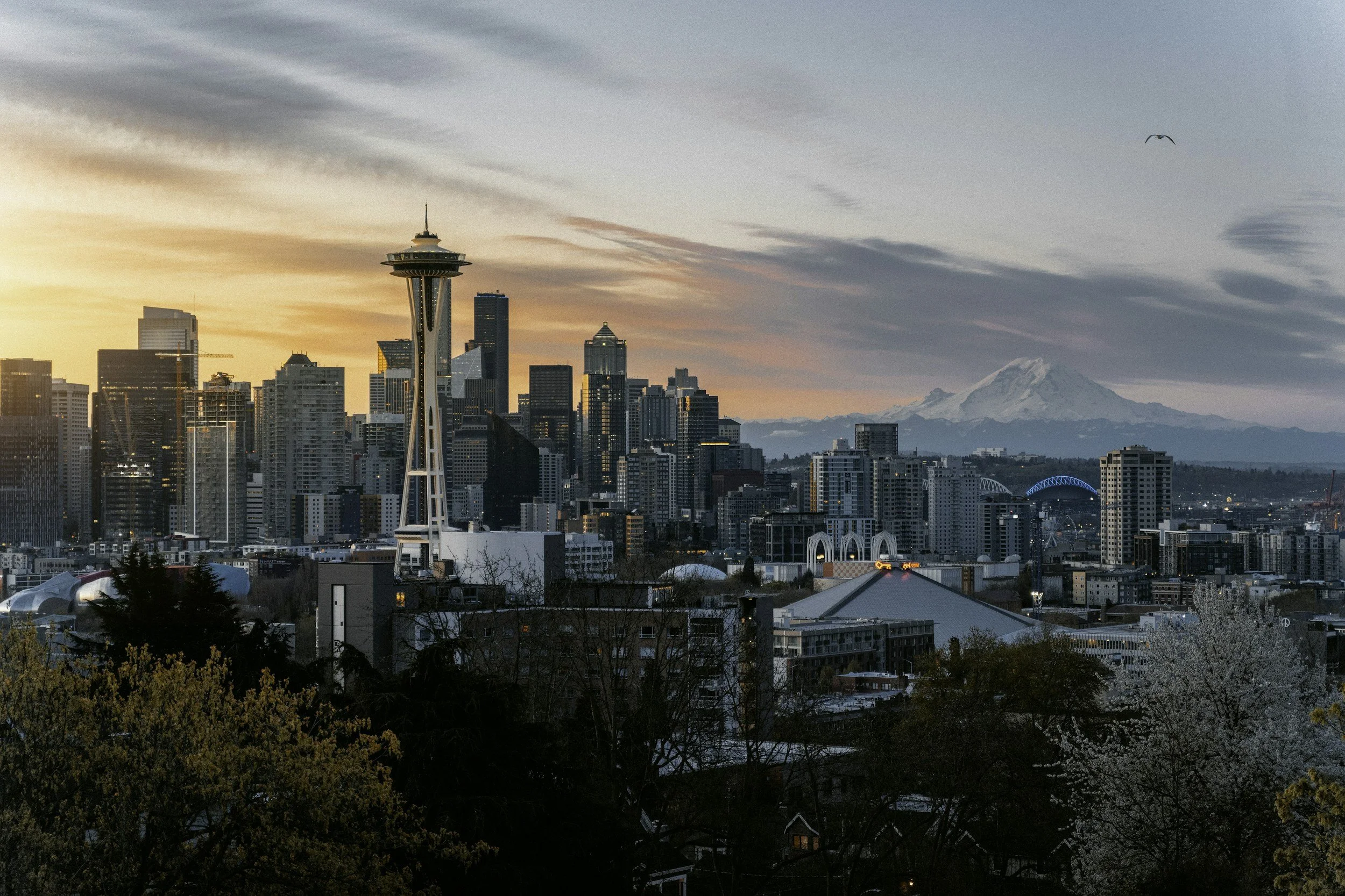 Seattle skyline with the Space Needle at sunset, rooted in the Pacific Northwest.