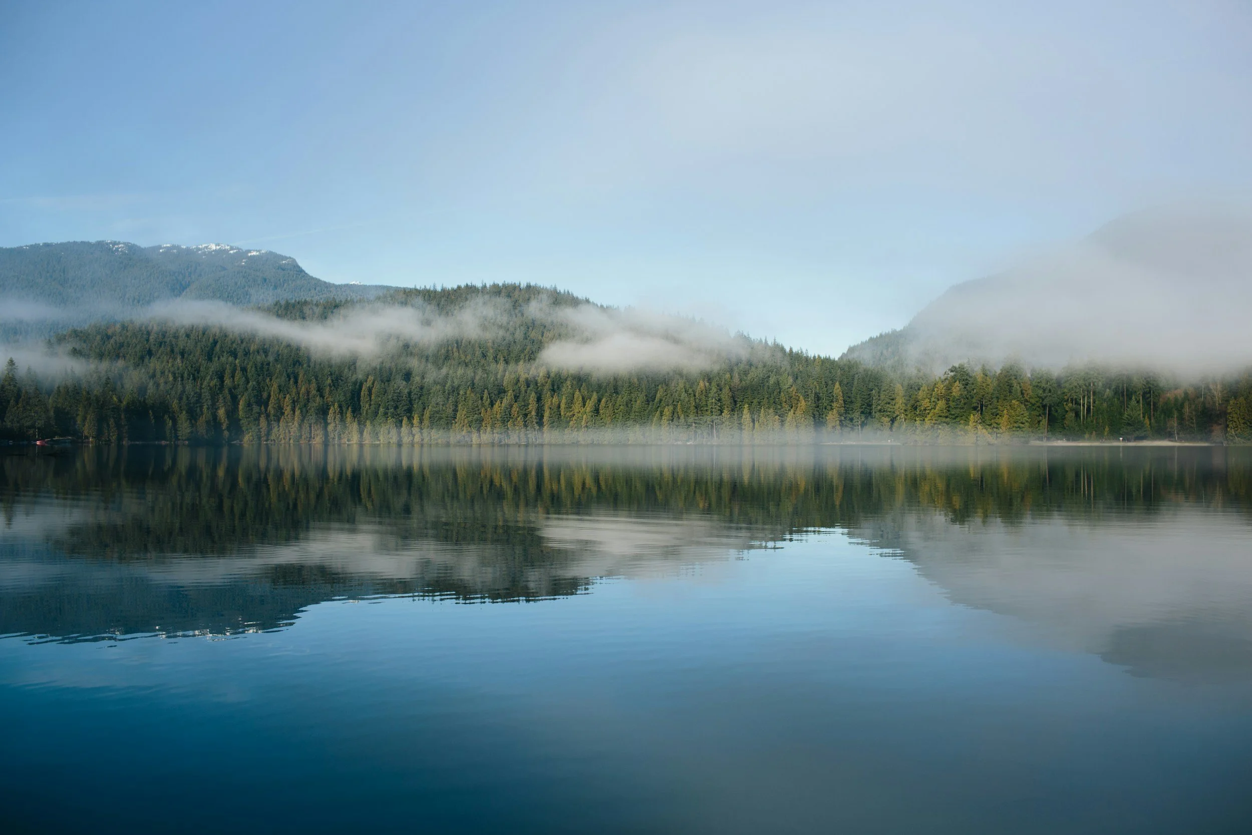 Calm Pacific Northwest landscape with forested mountains and still water, reflecting a grounded approach to everyday care.