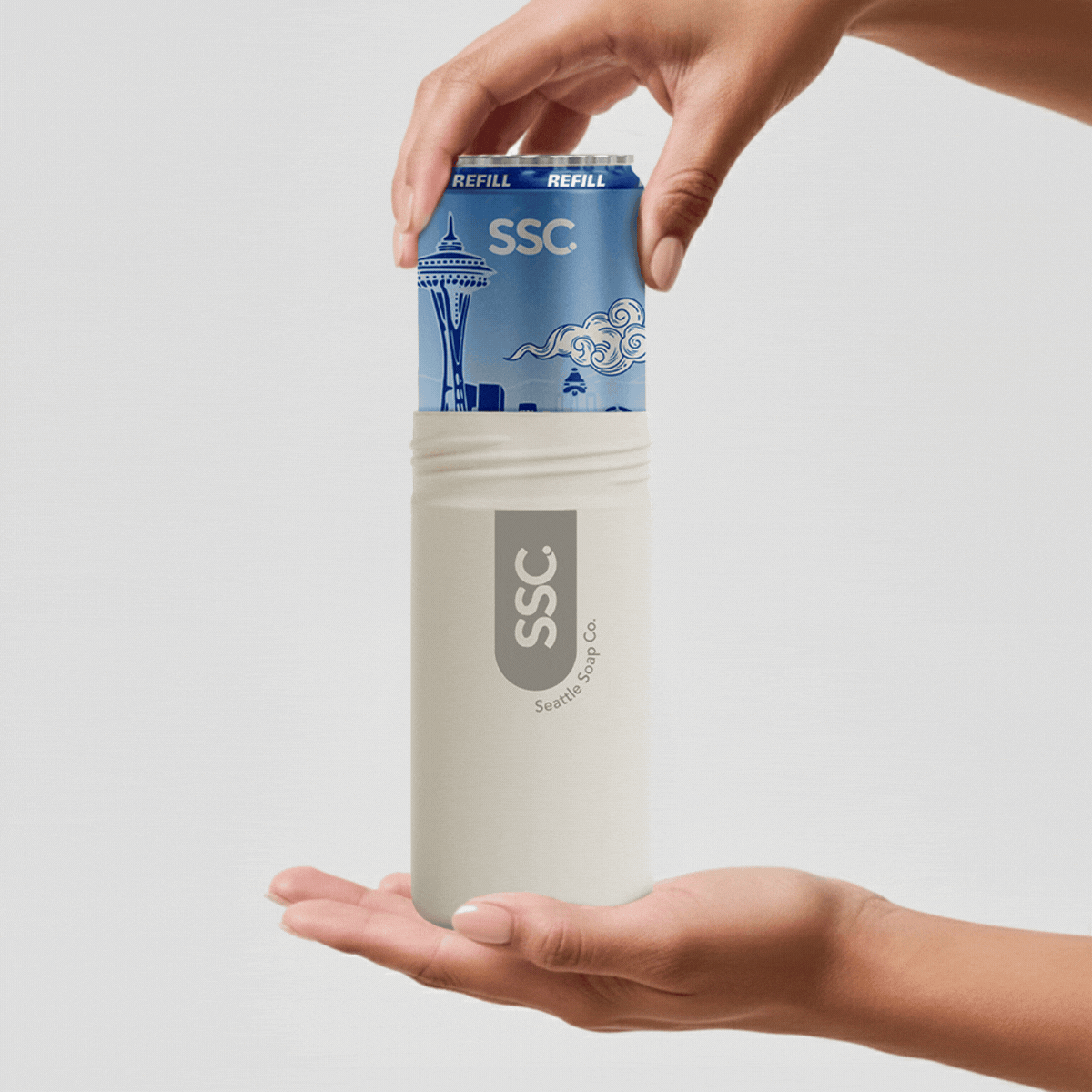 Mess-free hand soap refill fitting neatly into the dispenser.