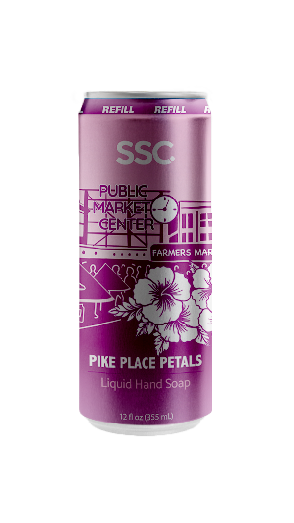 A can of Pike Place Petals liquid hand soap with a purple label and floral design.