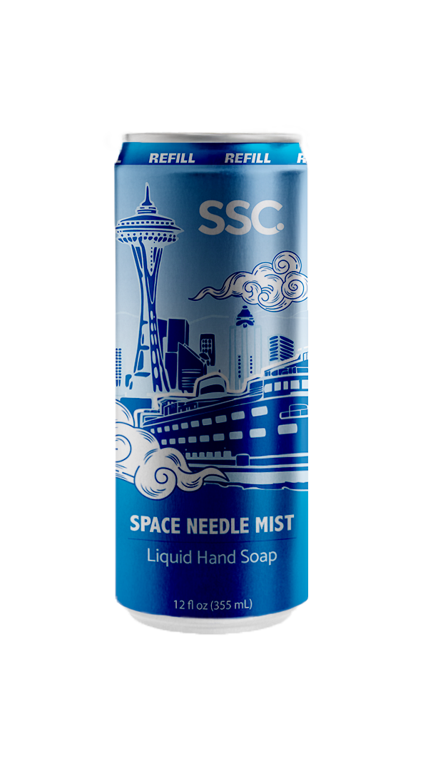 Lightweight aluminum hand soap refill designed to replace disposable bottles.