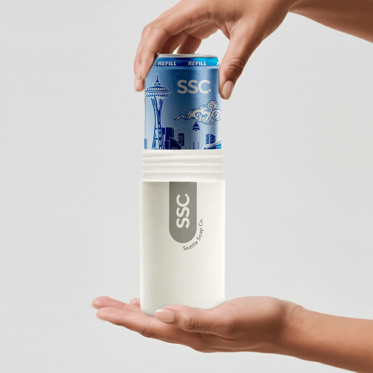 Mess-free hand soap refill fitting neatly into the dispenser.