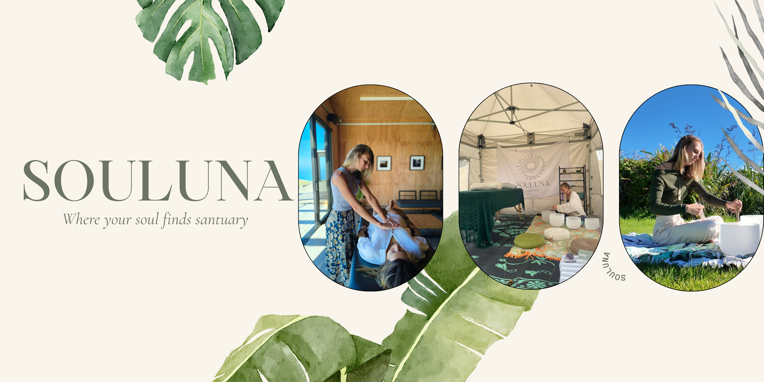 A promotional collage for Souluna wellness center featuring three images of women engaging in holistic practices. The first woman receives a massage, the second is seated in a serene wellness space with crystal singing bowls, and the third is playing crystal bowls outdoors on a grassy field under a blue sky. The collage includes large green tropical leaves and the text "SOULUNA" and "Where your soul finds sanctuary".
