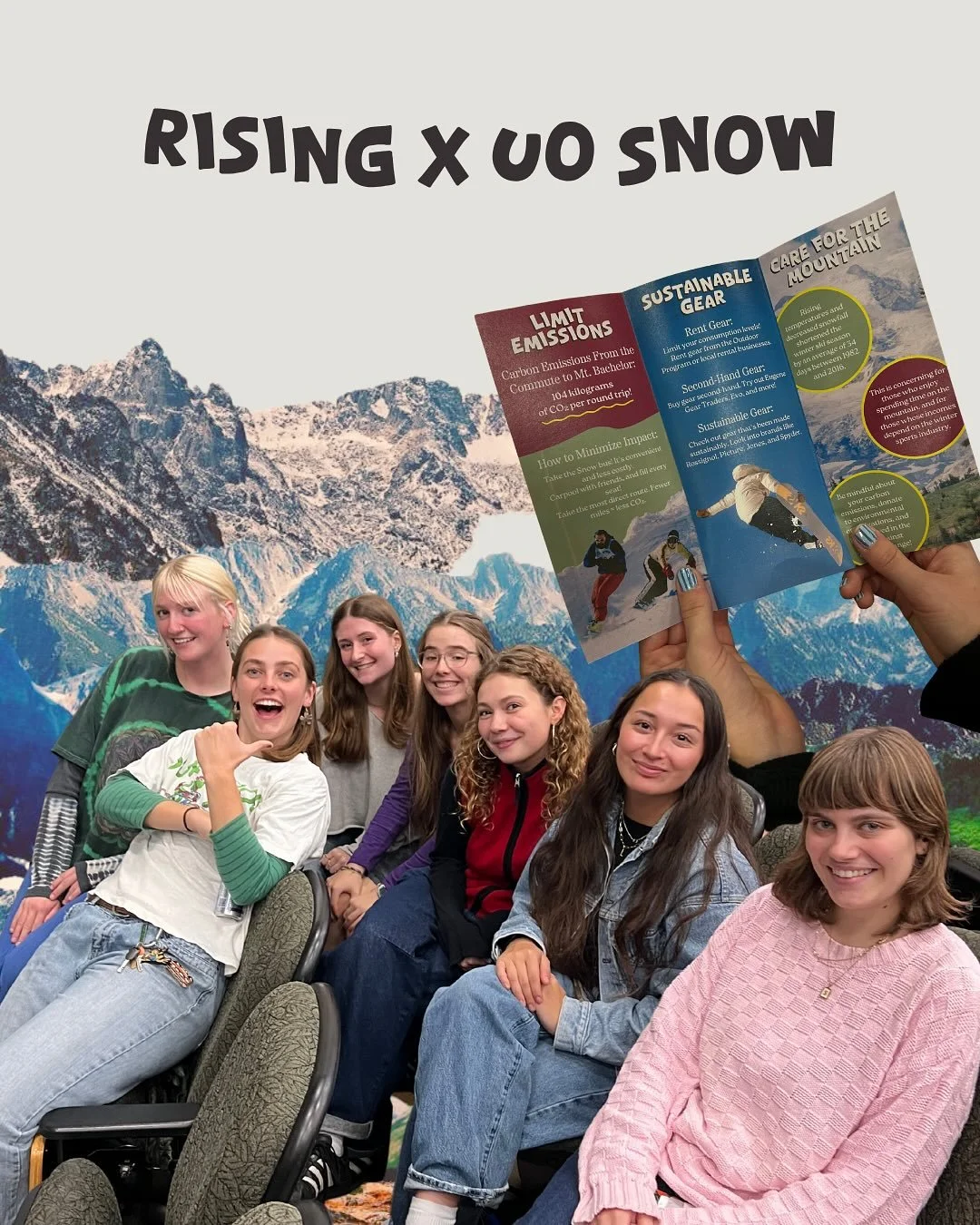 Yesterday, our sports group presented their pamphlet they have been working on to the UO Snow team at their movie premiere! Included is resources for sustainable gear, carbon emission calculations, and tips &amp; tricks to care for the mountain! 🎿🏔