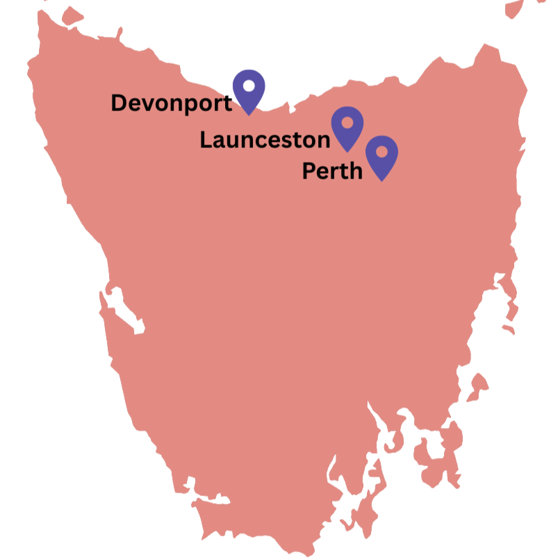 Map of Australia with three cities marked: Devonport, Launceston, and Perth.