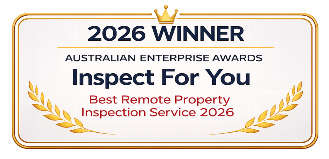 Plaque with a crown icon at the top, stating 2026 Winner, Australian Enterprise Awards, Inspect For You, Best Remote Property Inspection Service 2026, with gold laurel branches on each side.