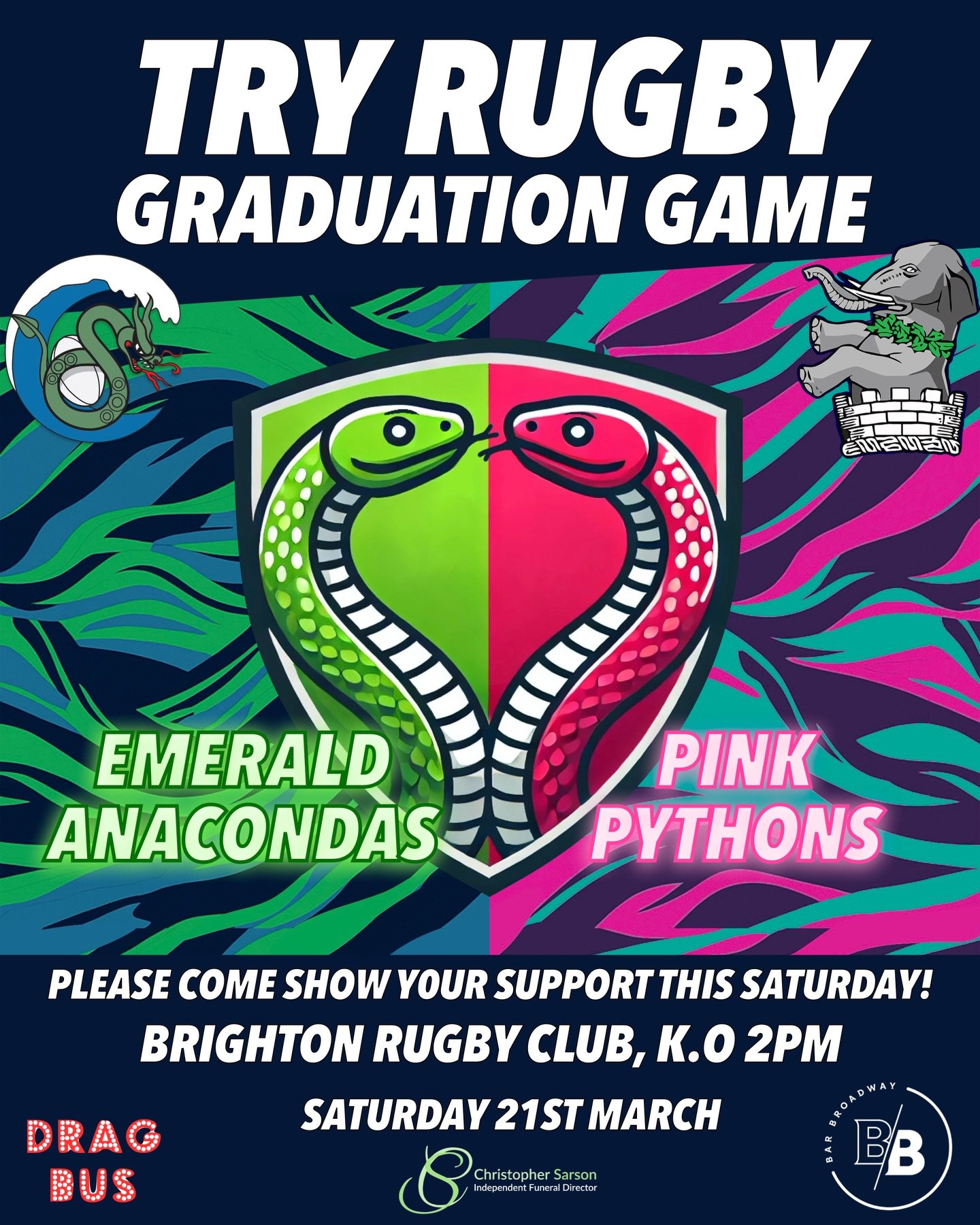🏉🔥 GRADUATION MATCH DAY 🔥🏉

The stage is set at Brighton Rugby Club&hellip;
🐍 Emerald Anacondas VS Pink Pythons 🐍

Join us tomorrow to celebrate our latest Try Rugby graduates as they step out on to the pitch for the first time 🏉

A massive th