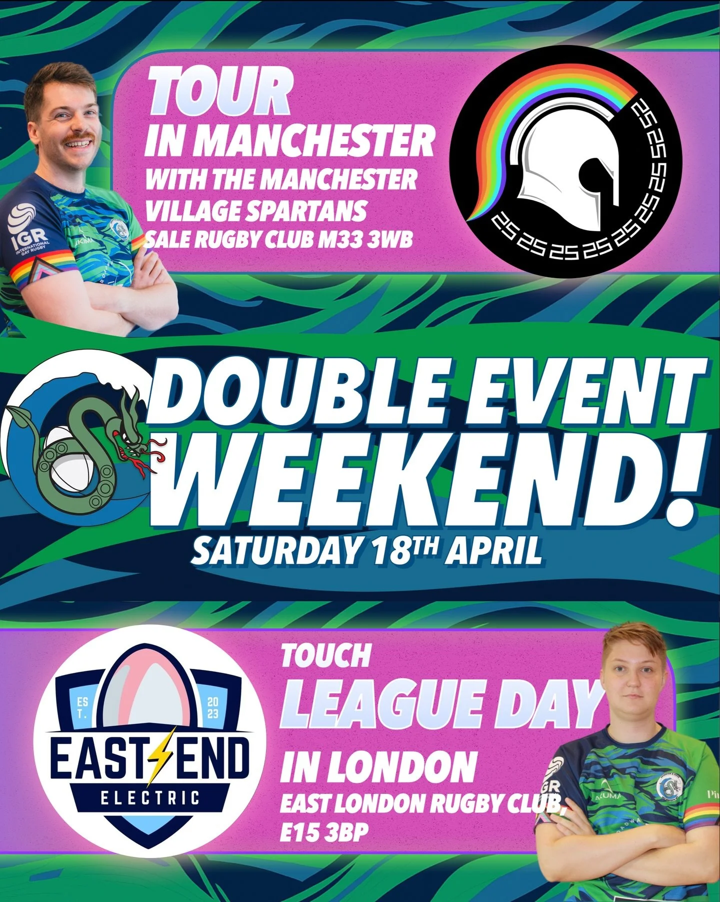 🏉🏃&zwj;♂️🌼🐝 What a weekend to look forward to this week! We&rsquo;ve got two things going on, the Serpents are heading to Manchester with the @villagespartans and London with @eastendelectric . In Manchester, you can expect chaos and flower power