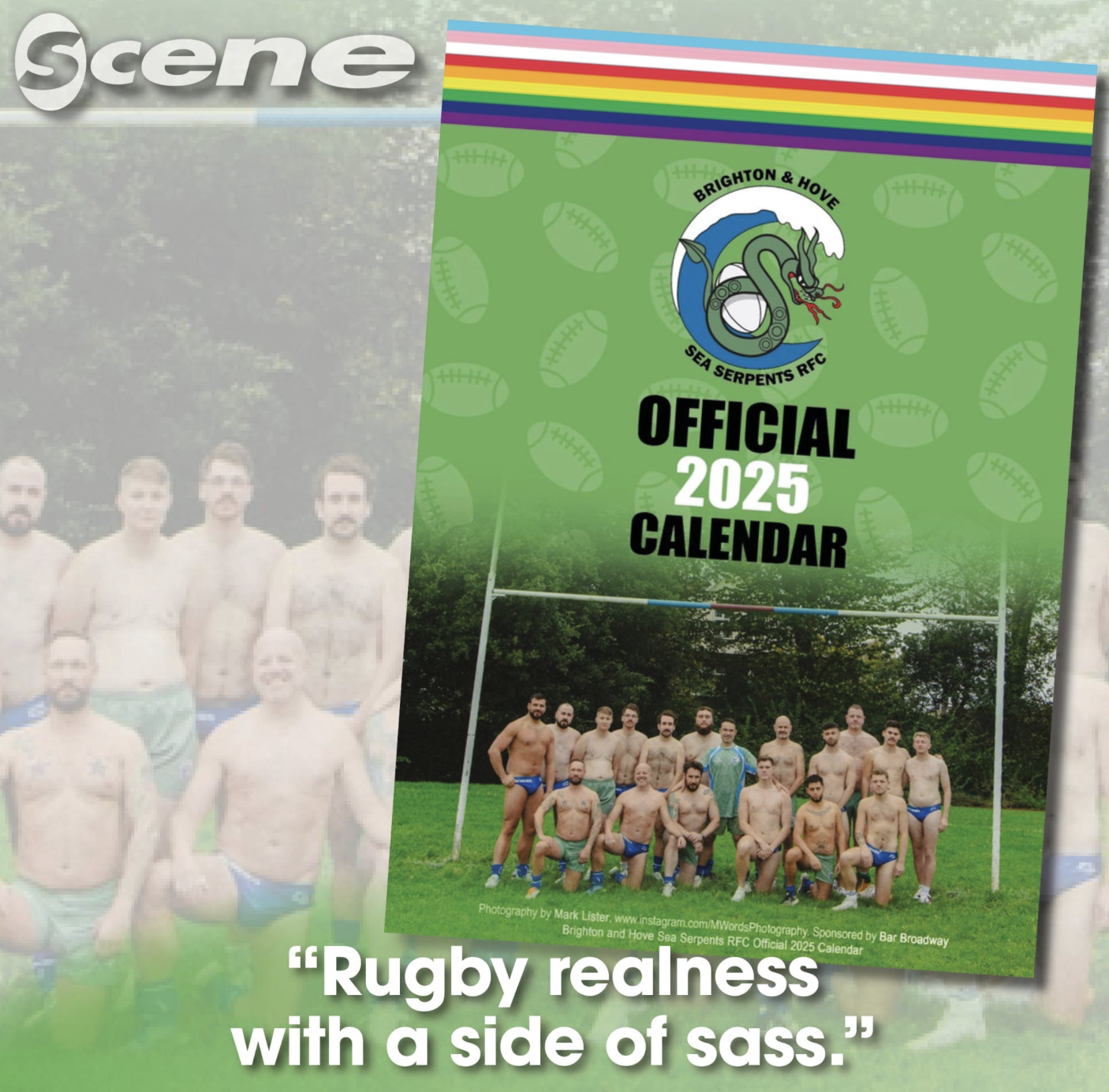 Cover of the 2025 official calendar for Brighton & Hove Sea Serpents RFC, featuring a group photo of rugby players outdoors, some shirtless, in front of a goalpost, with a lush green background.