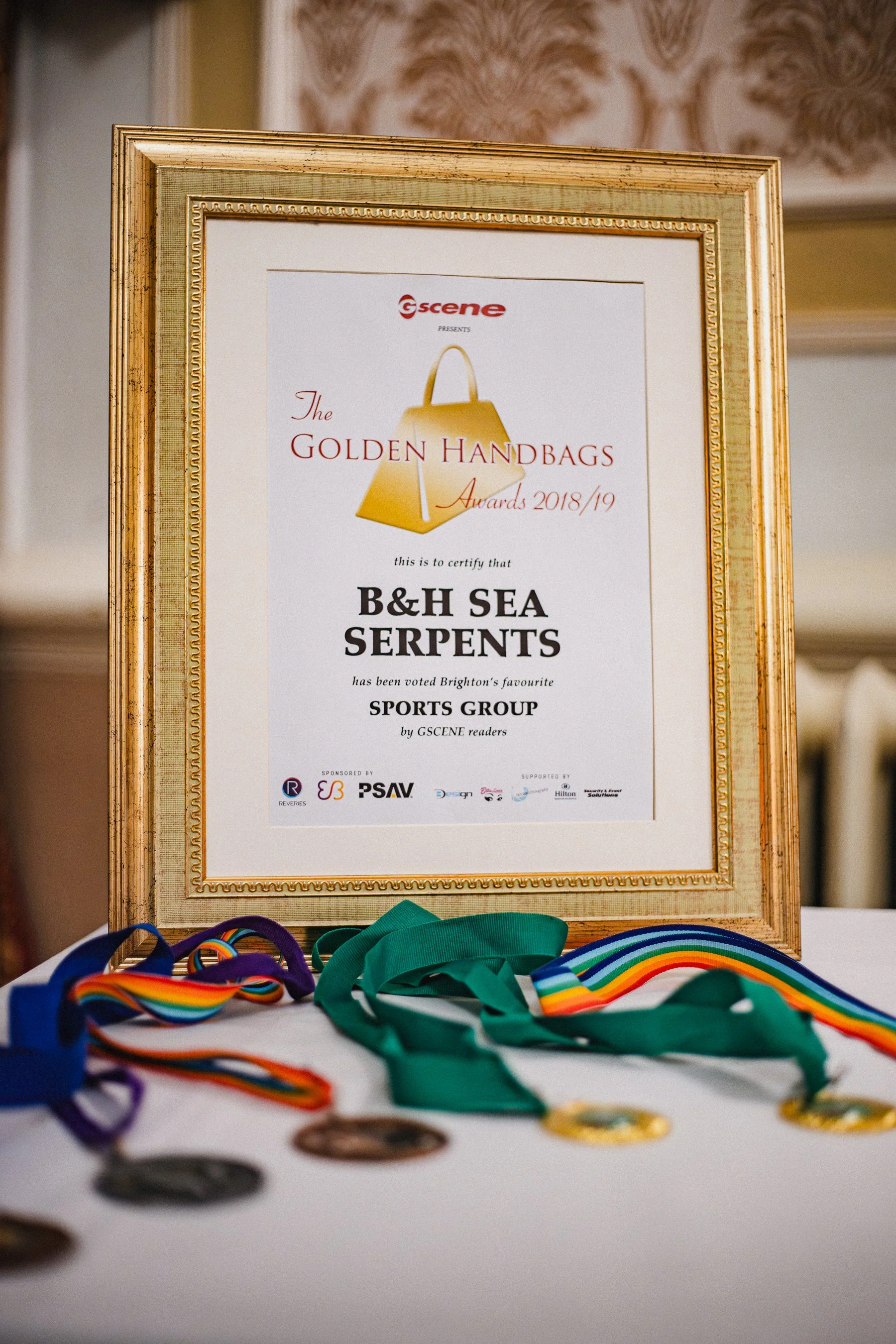 Framed certificate for the Golden Handbags Awards 2018/19 with colorful medals and ribbons on a table in front of it.