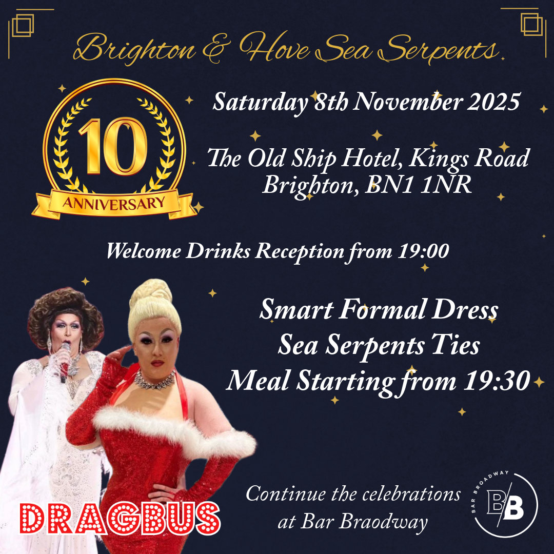 Event poster celebrating the 10th anniversary of Drag Bus, featuring two drag queens in glamorous costumes. The poster details the event date, time, location, dress code, and meal info, with decorative elements and a logo for Bar Broadway.
