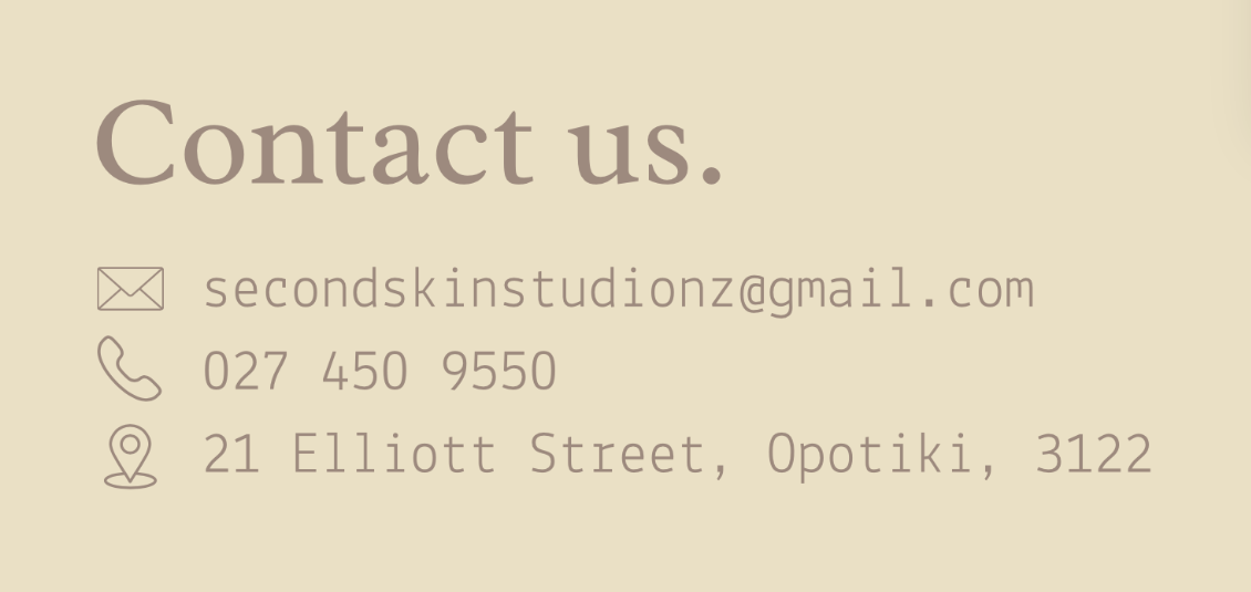 Contact information section with email, phone number, and address on a beige background.