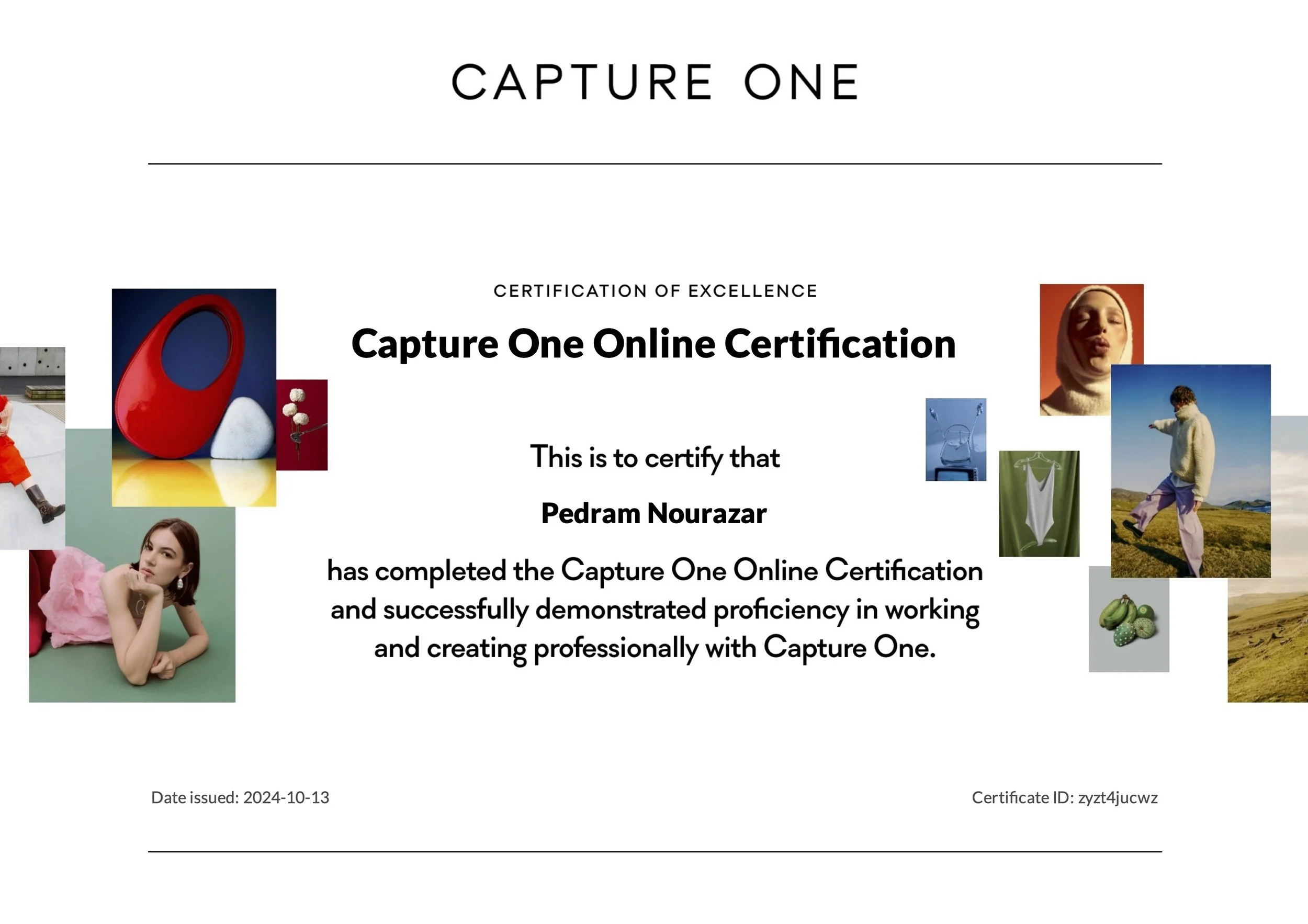 Zertifikat über den Abschluss der Capture One Online Zertifizierung mit bunten Bildern dekoriert.