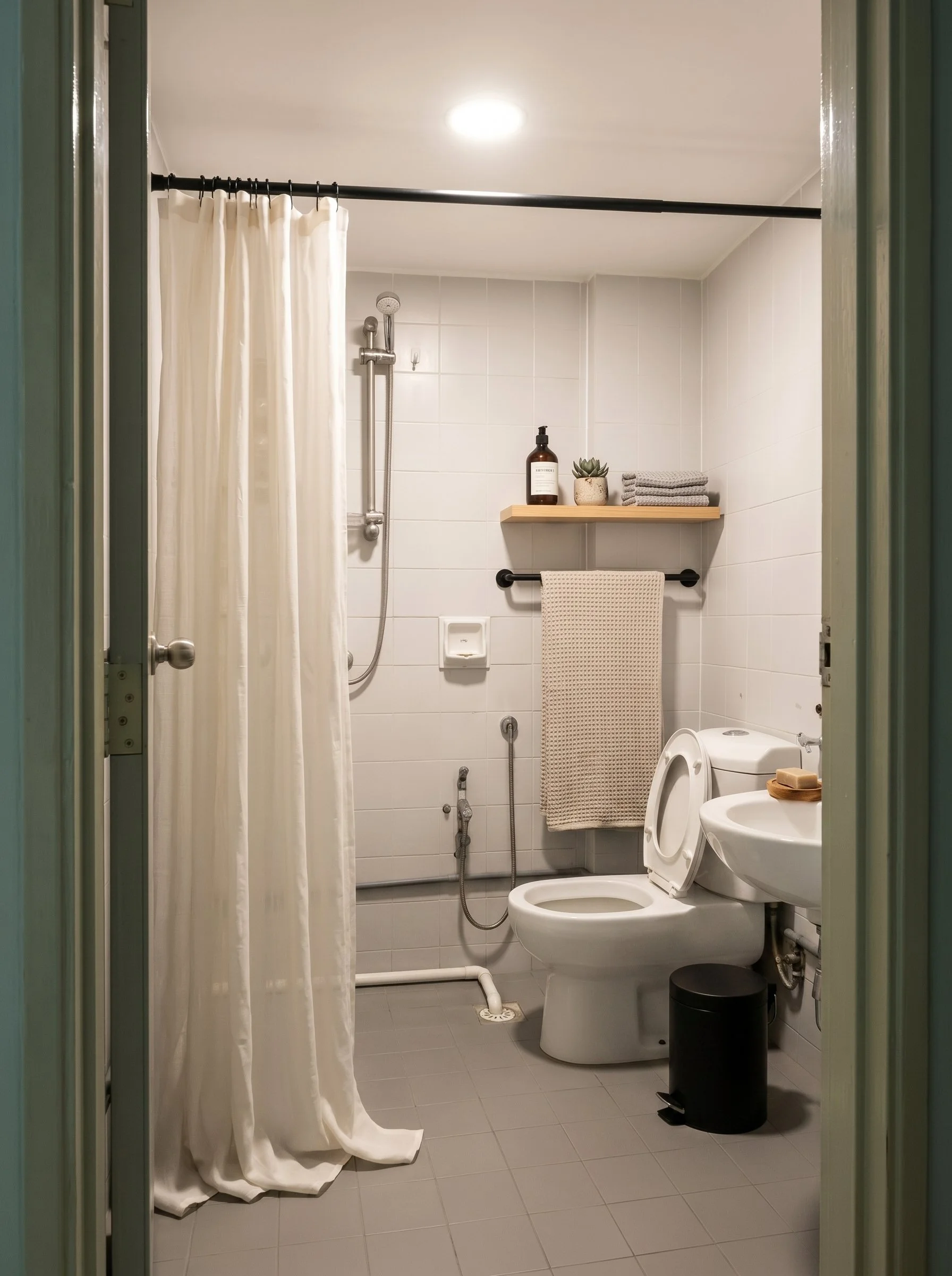 A small bathroom with a shower area, toilet, and sink. The shower has a white curtain and a height-adjustable showerhead. There is a wooden shelf with a bottle, a small potted plant, and folded towels. A towel hangs on a bar, and there is a black trash can on the floor. The walls are tiled in white, and the floor is tiled in gray.
