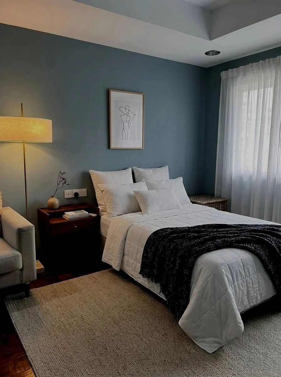 A cozy bedroom with a bed dressed in white pillows and linens, a black throw blanket, a wooden nightstand with books and a vase, a beige armchair, a floor lamp, sheer white curtains, and blue-painted walls with framed line art.
