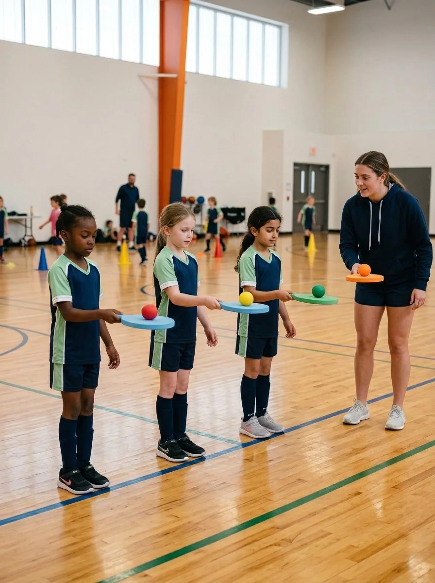 Teacher having PE class international schools