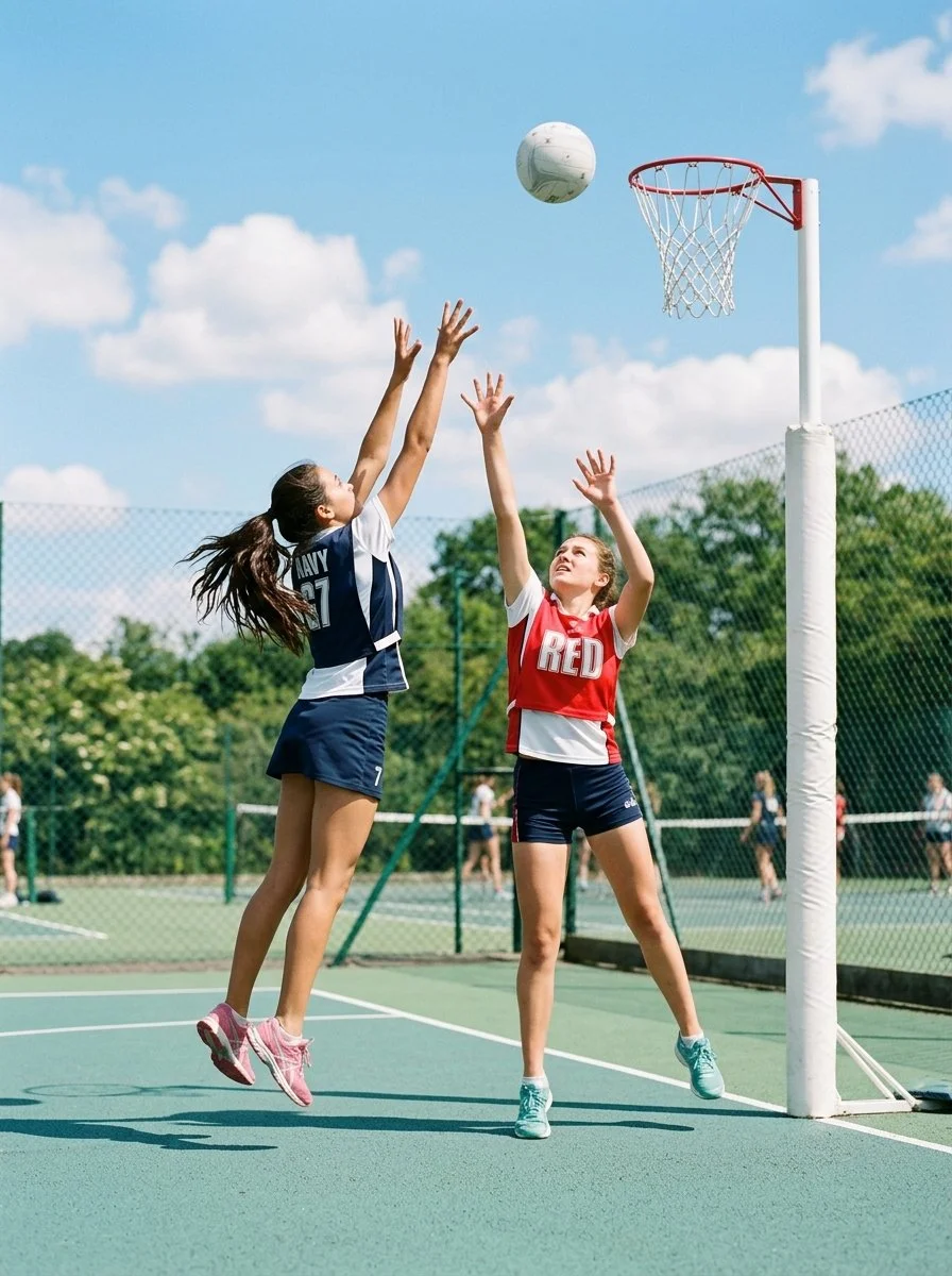 Two young women playing basketball on an outdoor court, one jumping to block the ball, the other shooting or passing, with a hoop and fence in the background.
