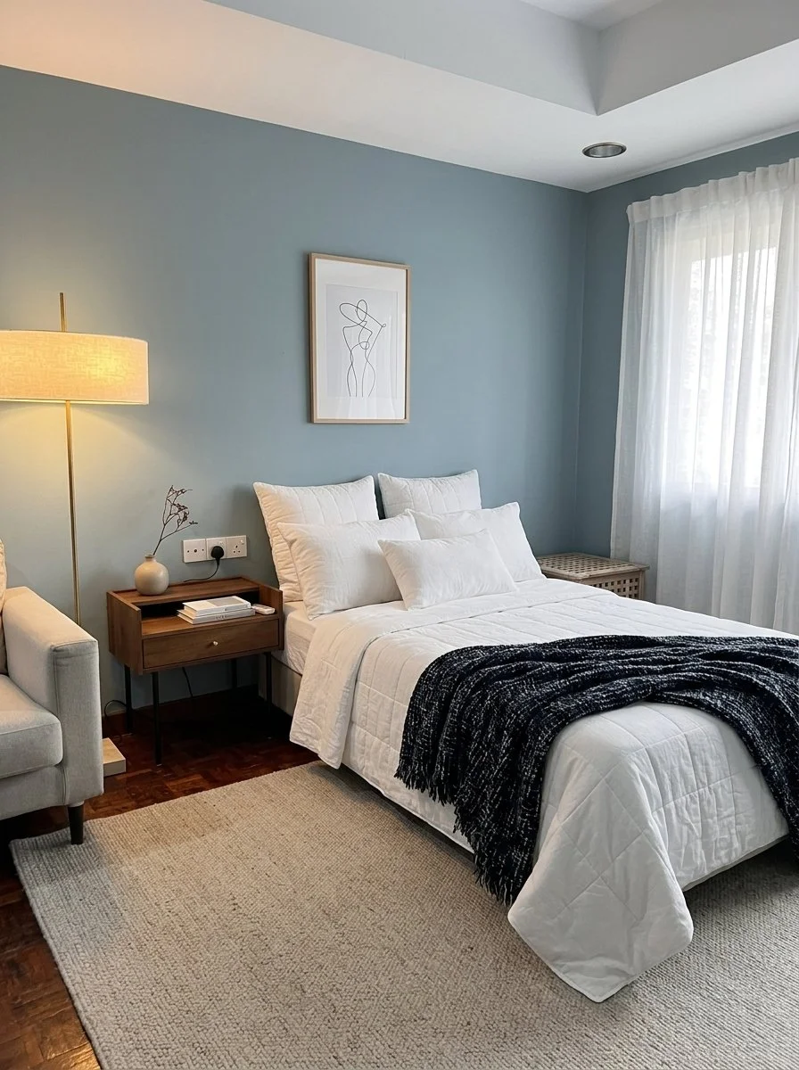 Bedroom with a bed covered in white bedding and multiple pillows, a nightstand with books and decorative items, a floor lamp, a framed minimalist line drawing on the wall, a window with sheer white curtains, and a beige area rug.