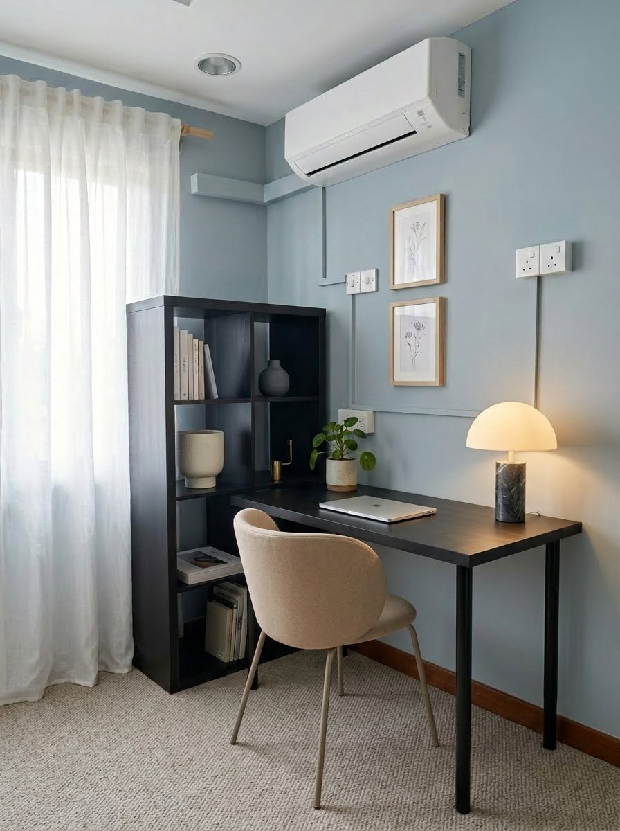 A small, neatly organized home office with a desk, beige chair, black bookshelf, potted plant, table lamp, framed artwork, window with white curtains, and an air conditioning unit on the wall.