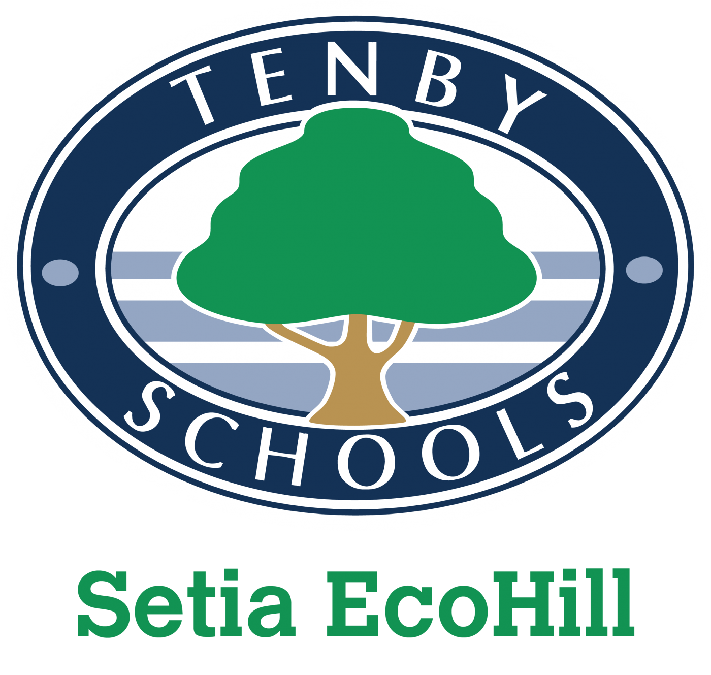 Logo of Tenby Schools featuring a green tree with a brown trunk and a background with blue and gray horizontal stripes, and the words 'Tenby Schools' encircling the tree. Beneath the logo, the text reads 'Setia EcoHill' in green.