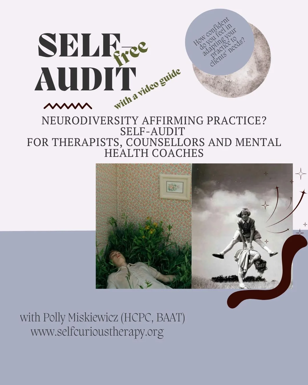 Promotional flyer for a self-audit video guide on neurodiversity affirmation practice, targeted at therapists, counselors, and mental health coaches, includes two photos of people and decorative design elements.