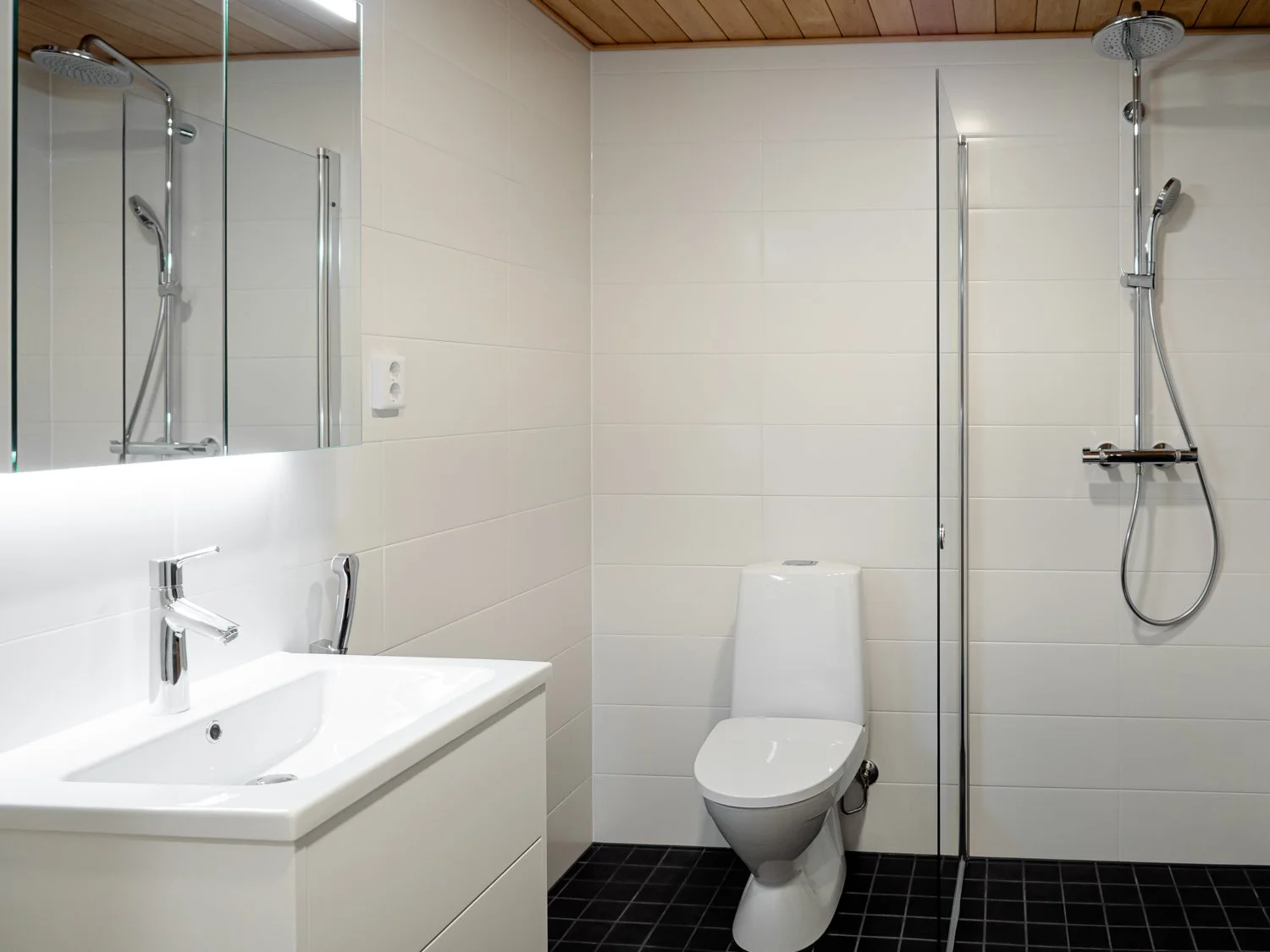 Modern bathroom with shower, toilet, and vanity sink