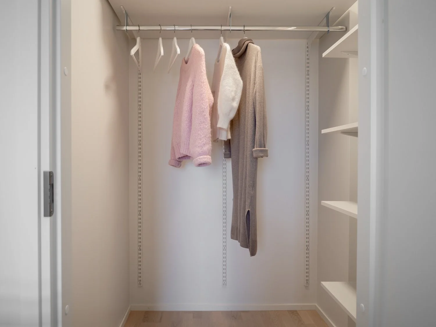 Empty closet with hanging clothes and shelves
