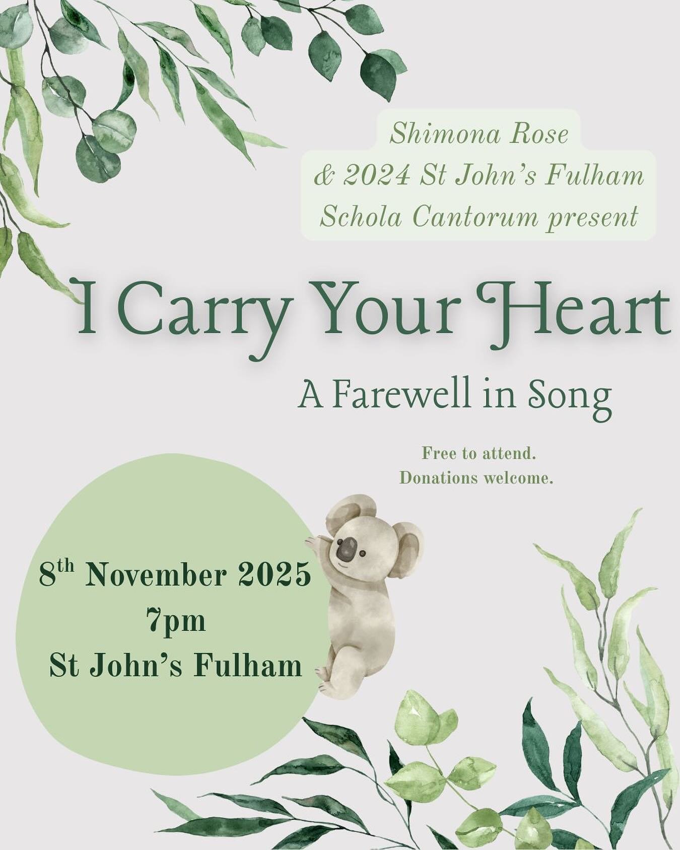 ✨ I Carry Your Heart &ndash; A Farewell in Song ✨

It&rsquo;s hard to believe it&rsquo;s time to say goodbye. On Saturday, 8th November 2025 at 7pm, I&rsquo;ll be giving my farewell concert at St John&rsquo;s Fulham, joined by the wonderful 2024 St J