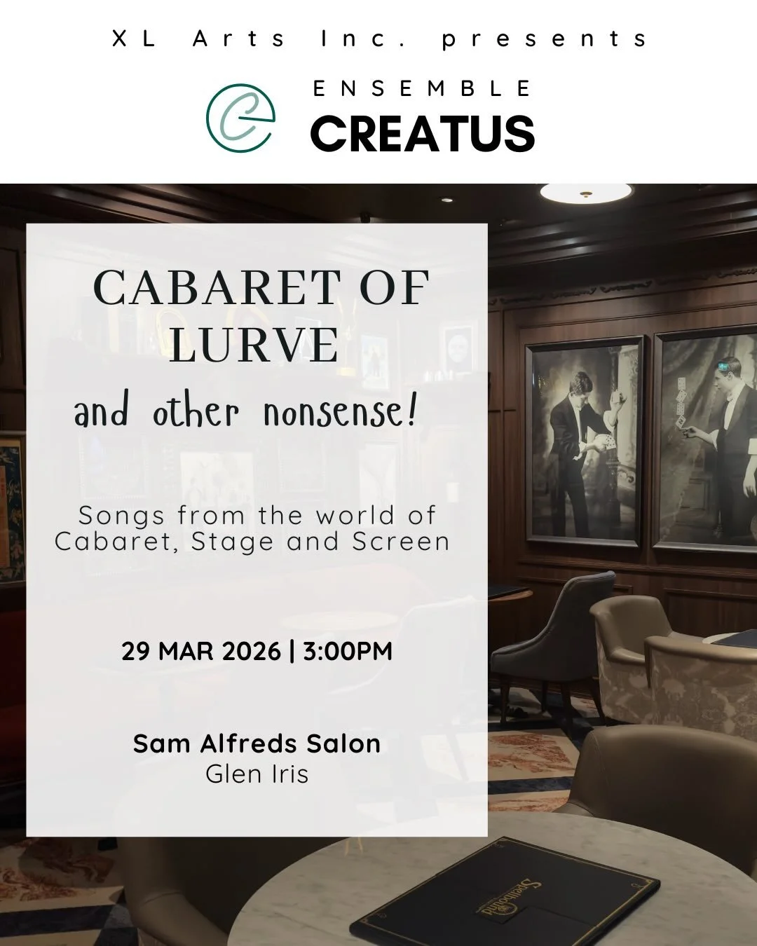 Put down the knitting, the book and the broom!
It&rsquo;s time for some Cabaret 💃🏽

I&rsquo;m so excited to be part of *Cabaret of Lurve (and other nonsense!)* &mdash; an afternoon of songs from cabaret, stage &amp; screen with this gorgeous crew.

