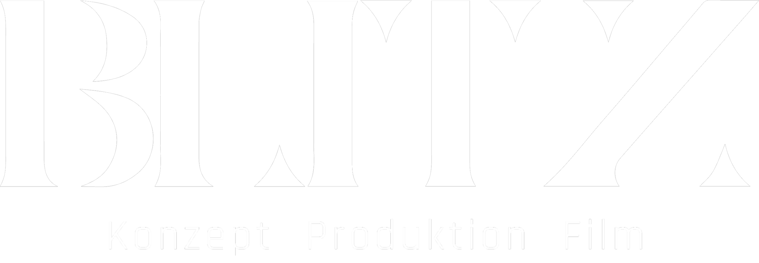 The image shows the word 'BLITZ' in a large, bold font. Below it, there is text that says 'Konzept Produktion Film' in a smaller, minimalist font. The background is black, and the text is white.
